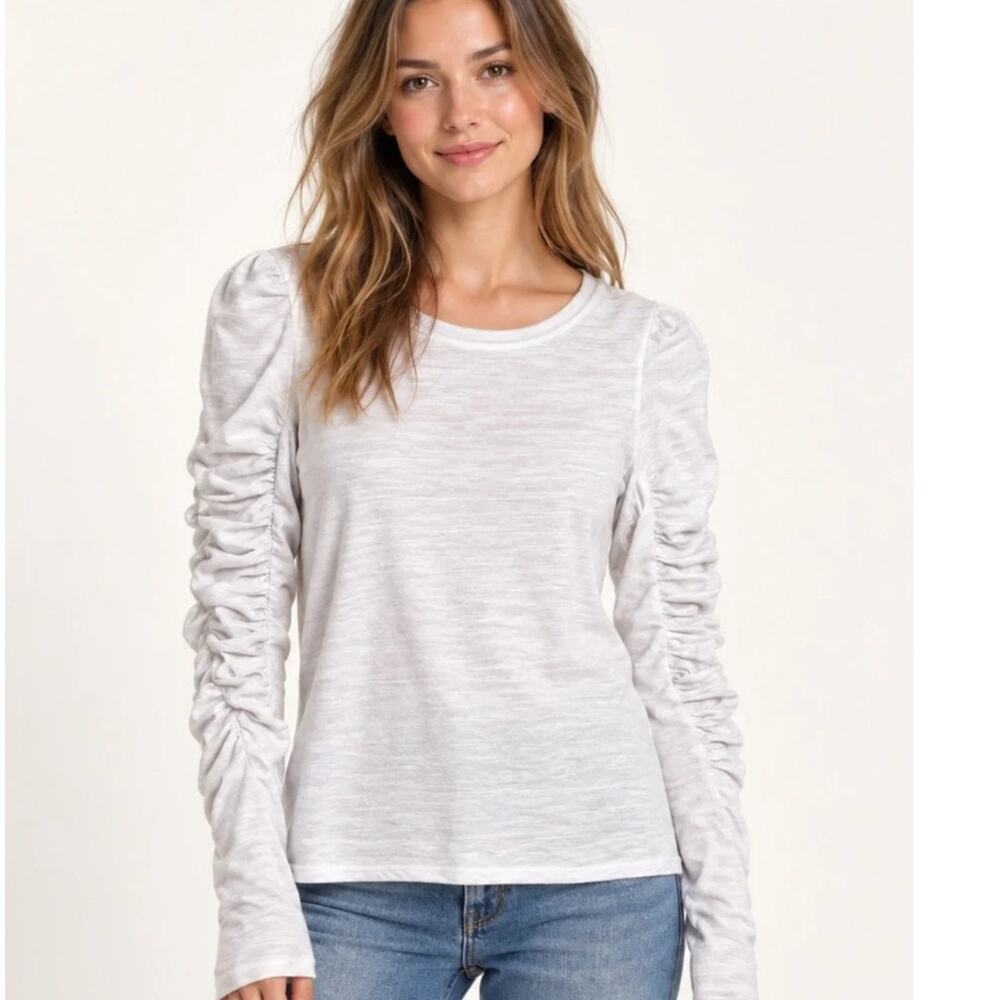 We the Free People NEW Natasha Ruched Sleeve Top Womens Large White Knit Tee NWT